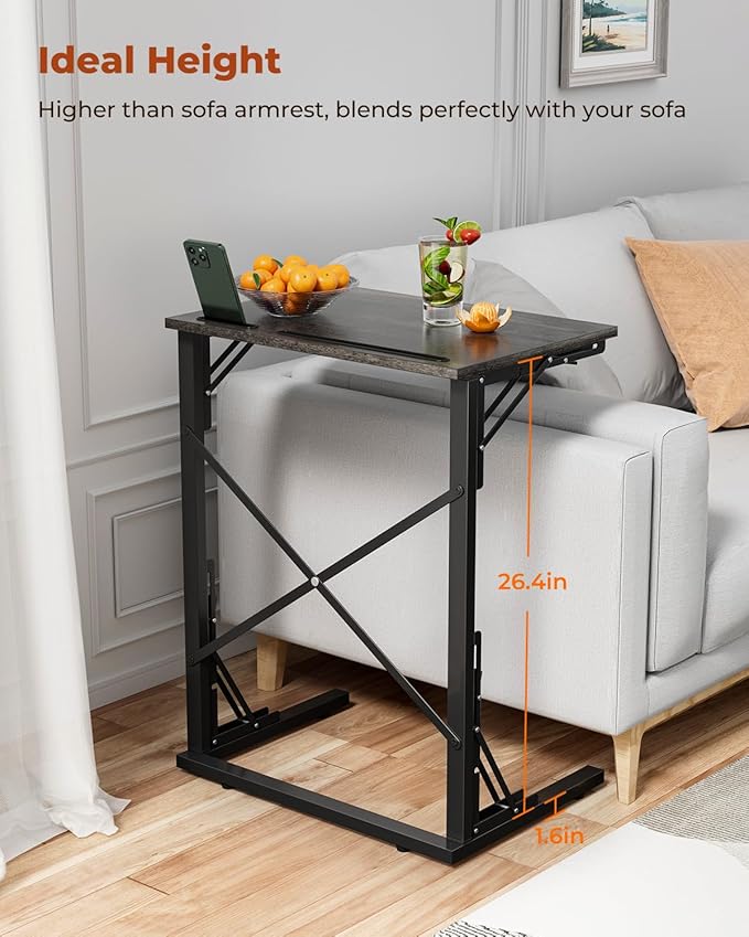 21''Wx28''H Folding TV Tray for Eating, Small Foldable C-Shaped Tray Table with Tablet and Phone Slots, Slide Under Couch Side Table for Recliner, Living Room, Bedroom, Deep Grey