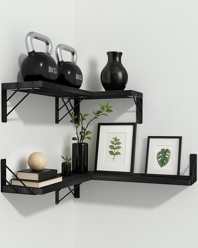BAYKA Wall Shelves for Bedroom Decor, Floating Shelves for Wall Storage, Display Mounted Rustic Wood Shelf for Books,Plants,Corner Shelves for Bathroom,Kitchen,Living Room(Set of 4)