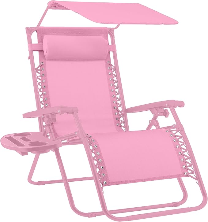 Best Choice Products Folding Zero Gravity Outdoor Recliner Patio Lounge Chair w/Adjustable Canopy Shade, Headrest, Side Accessory Tray, Textilene Mesh - Carnation