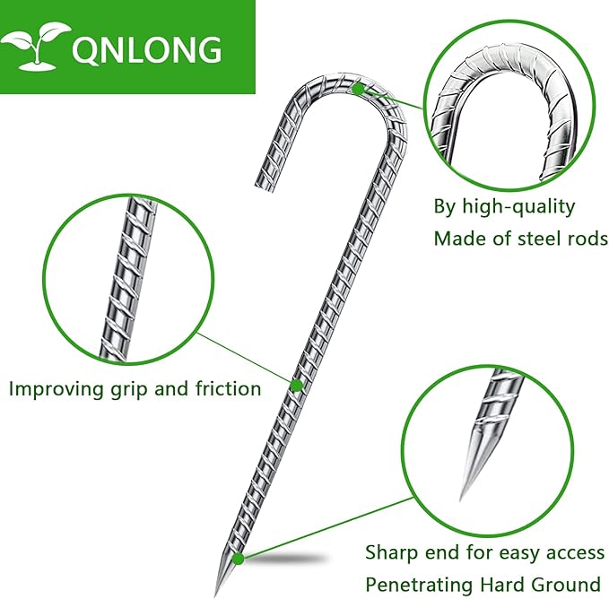 Rebar Stakes 12 Inch Galvanized, J Hook Rebar Stakes 6 Pack Ground Anchors for Tent Heavy Duty for Plants Anti-Rust Landscape Fabric Artificial Turf