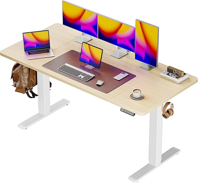 Huuger 55 x 28 Large Electric Standing Desk, Height Adjustable Desk, 27.6" Deep Desktop, Stand up Gaming Computer Office Desk with 2 Hooks, 3 Preset Heights, for Home Office, Natural