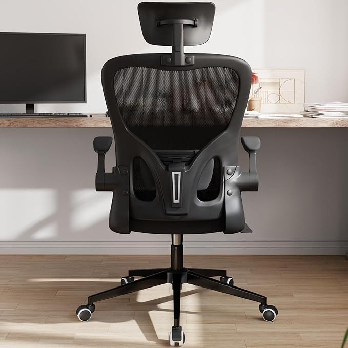 Monhey Office Chair Ergonomic Desk Chair with Lumbar Support&Headrest&Flip-up Arms Height Adjustable Rocking Swivel High Back Computer Chair Black Mesh Study Chair (03All Black)