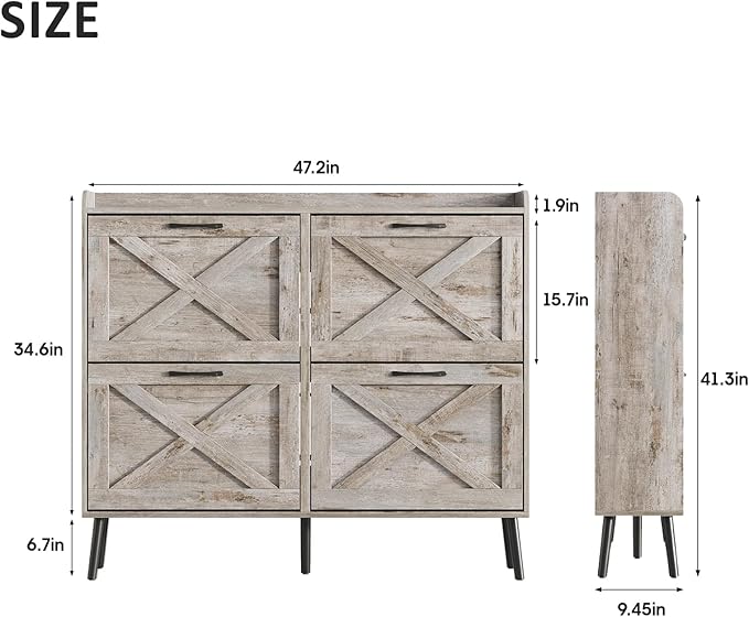 Maupvit Large Shoe Storage Cabinet with 4 Flip Drawers, Narrow Shoe Cabinet for Entryway with Wooden Legs, Freestanding Hidden Shoe Rack Organizer ＆ Metal Hinges, Light Rustic Oak