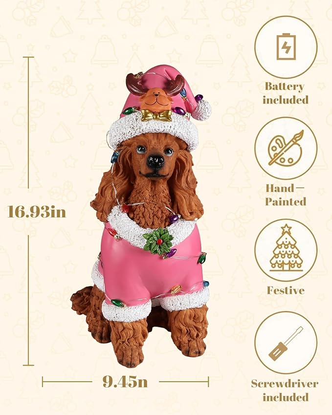 Christmas Decorations Outdoor Dog Statue, Resin Poodle Dog Sculpture with Pink Christmas Santa Outfit & Lights, Battery Operated Indoor Holiday Décor Gift for mom