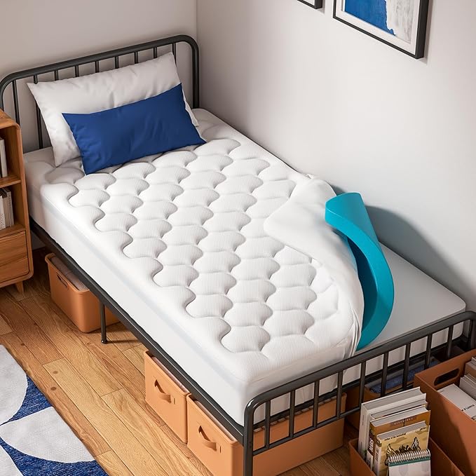 OhGeni Cooling 4 inch Dual Layer Twin Mattress Topper, 2 inch Cooling Gel Memory Foam, 2 inch Down Alternative Pillow Top Pad, Mattresses Cover for Bed, Medium Support, Fits 6”-19” Deep Pocket