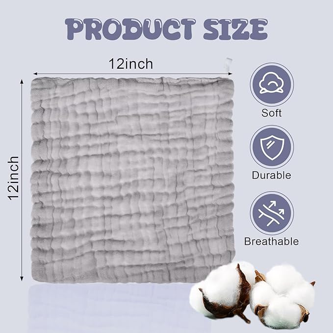 Breling 20 Pcs Baby Muslin Washcloth 12 x 12 Inch 100% Cotton Soft and Absorbent Muslin Washcloth Burp Cloth Wipe Newborn Face Towel for Baby Boy Girl Sensitive Skin(White, Light Gray, Gray)