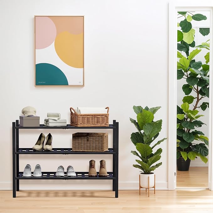 Haddockway 3 Tier Bamboo Shoe Rack Storage Organizer, Multifunctional Free Standing Stackable Shoe Shelf with Grid Panel for Closet,Hallway,Entryway,Small Space 27"x11"x20" (Black, 3 Tier)
