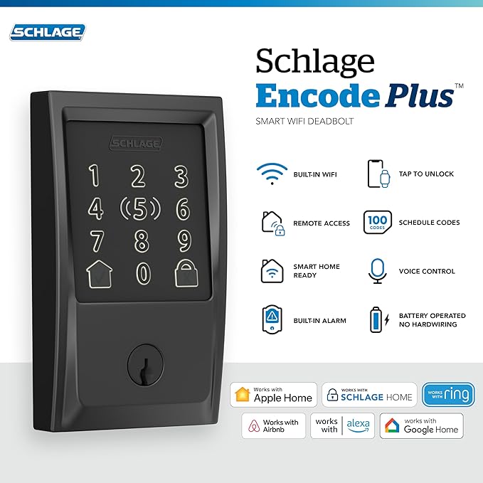 Schlage Encode Plus Smart Wi-Fi Lock for Front Door, Keyless Entry Deadbolt, Unlock with Apple Watch, Built-in WiFi and App Control, Easy Install, Alexa & Apple HomeKit Compatible, Matte Black