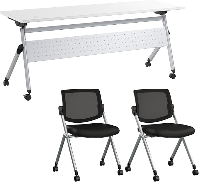 Bush Business Furniture Folding Training Table Set for 2, 72 inch, 2 Mesh Back Folding Chairs, Commercial-Grade Bundle for Office or Classroom, Envision Collection, White