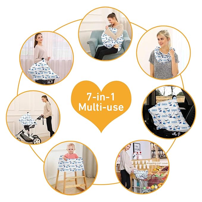 Personalised 7 in 1 Car Seat Cover for Girls and Boys - Multipurpose Breast Feeding Cover, Blue Whale Print Nursing Cover, Grocery Cart Cover - Birthday Gift for Babies(27"x29")