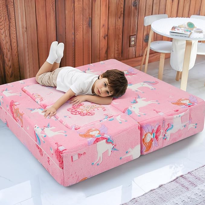 MeMoreCool Modular Kids Couch, Glow Play Toddler Couch for Bedroom Playroom, Convertible Foam Kids Sofa Bed, Fold Out Baby Sofa for Girl Boy, Pink Fairy