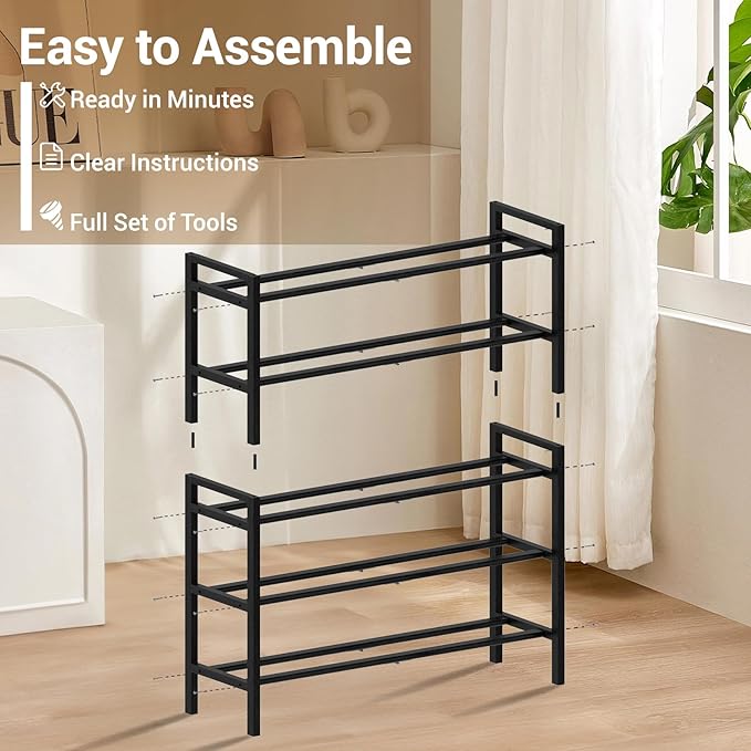Haddockway Bamboo Shoe Rack for Closet, Free Standing Shoe Organizer with Smooth Round Rods & Convenient Handles, Stackable Shoe Storage Shelf for Entryway, Hallway(Black, 5-Tier)