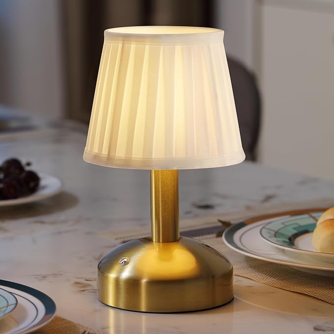 KDG Modern Cordless Small Table Lamp, Portable LED Fabric Shade Desk Lamps, 5000mAh Rechargeable Battery Operated Lighting for Bedroom, Bedside, Bar, Living Room, Dining Room, Night Light(Gold)