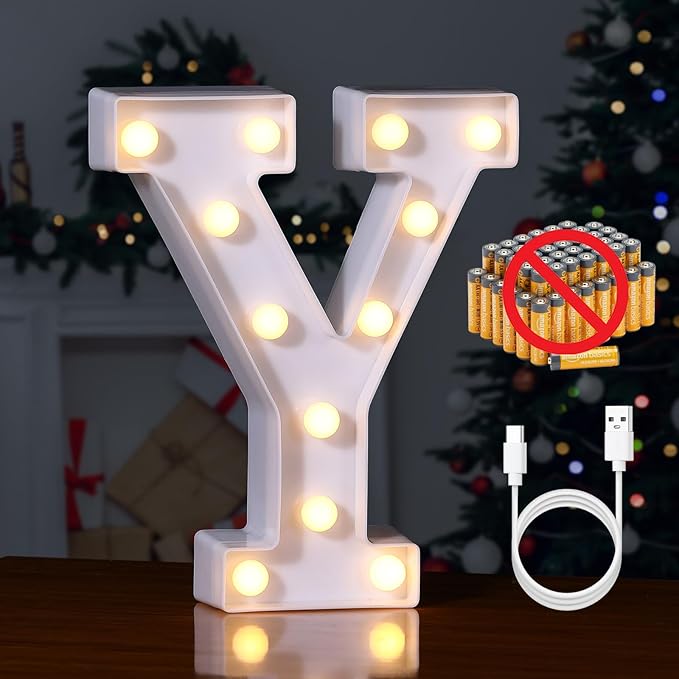 Foaky Rechargeable LED Letter Lights Sign Marquee Light Up Letters Sign for Night Light Wedding/Birthday Party Christmas Lamp Home Bar Decoration (Y)