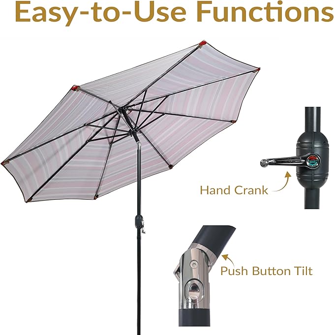 Sunnydaze Outdoor Patio Umbrella - Polyester Table Market Umbrella with Push-Button Tilt and Crank - 8 Sturdy Ribs - Awning Stripe - 9ft