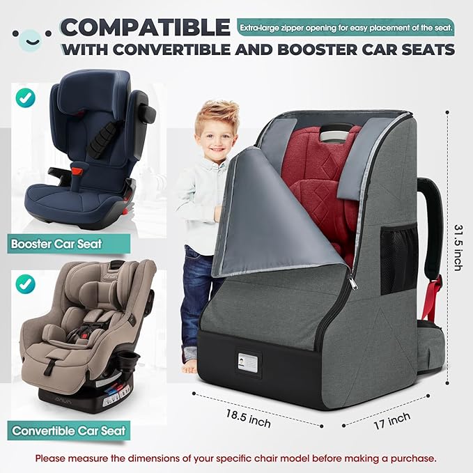 RAINSMORE Padded Car Seat Travel Bag for Airplane Heavy Duty Car Seat Backpack for Air Travel Baby Carseat Cover Bags for Airport Large Car Seats Carrier Fits Car Seats & Booster Seats,Gray