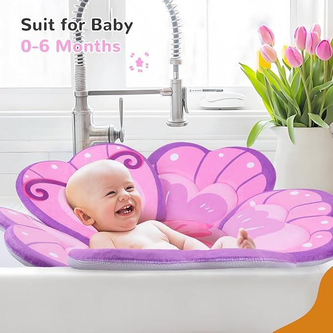 Pink Butterfly Baby Bath Pad - Soft Non-Slip Bathtub Mat for Newborns & Infants, Waterproof Bath Cushion with Flower Design for Sink or Tub, Safe & Comfortable
