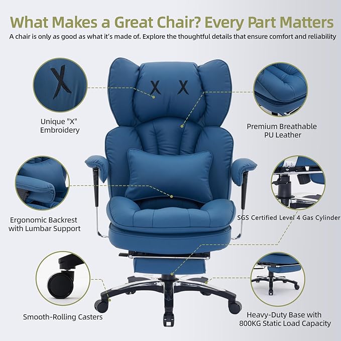 Efomao Big and Tall Office Chair with Footrest – High Back Computer Chair with Adjustable Armrests，Executive Office Chair with Wide Seat, Modern Desk Chair for Home Office, Gaming, or Study, Blue