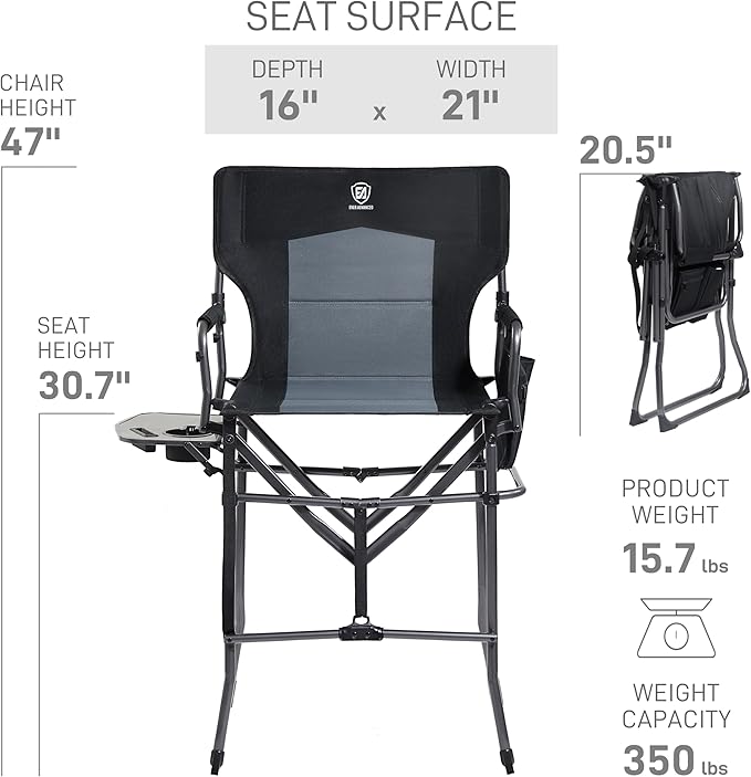 EVER ADVANCED 2 Piece Portable 30.7" Seat Height Tall Folding Camping Chair Directors Chair High with Side Table for Makeup Artist, Sports Event, Craft Show, Supports 350LBS Black Grey