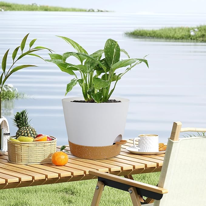 12 inch Large Self Watering Pots for Indoor Outdoor Plants, Flower Plant Pots with Drainage Holes for Garden House Plants, Plastic Planters with Reservoir for Home, White with Brown