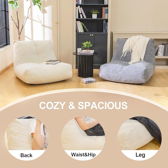 Bean Bag Chairs for Adults, Memory Foam Bean Bag Chair, Spacious Single Sofa, Ergonomic Support Reading Floor Sofa Chair with Filler, Comfy Cozy Beanbag Couch for Bedroom Living Room (Beige)