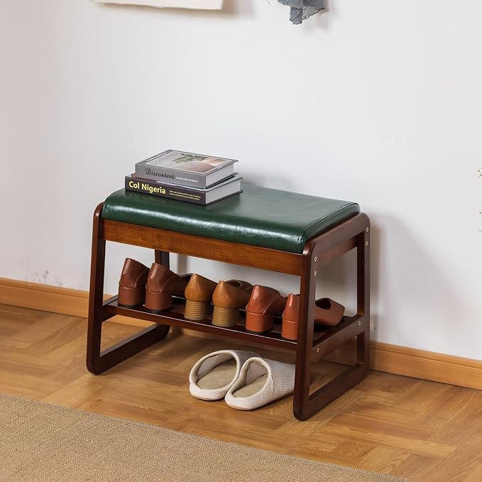 Shoe Rack Bench, Solid Wood Entryway Bench with Flip-Open Storage Box for Entry, Hallway (Green-21.65")