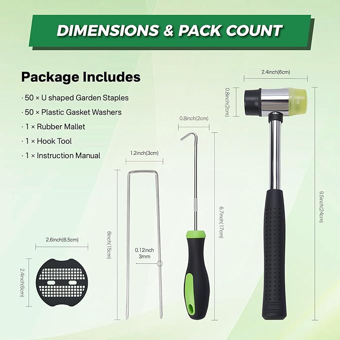 50Pcs Landscape Fabric Pins+50Pcs Gasket+Pick Hook+Rubber Mallet, 6 Inch Landscape Fabric Staples 11 Gauge U Shaped Galvanized Landscape Pins Yard Ground Pin for Weed Barrier Sod Fabric Decoration