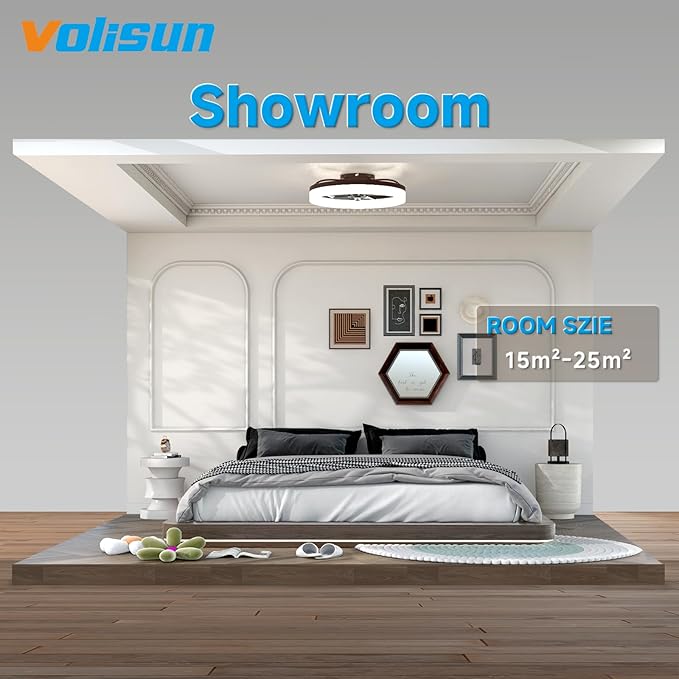 VOLISUN Low Profile Ceiling Fans with Lights and Remote, 19.7in Fandelier Ceiling Fan with Light, 3000K-6500K Dimmable Bladeless LED Fan Light, Brown Flush Mount Ceiling Fans with Lights for Bedroom