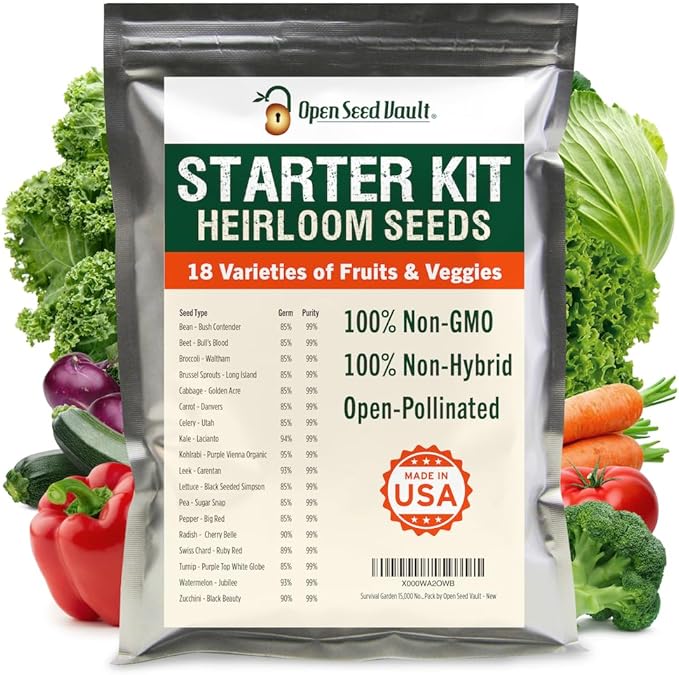 Open Seed Vault 15,000 Heirloom Plant Seeds for Gardening Vegetables and Fruits - Survival Seeds Kit with 30 Varieties - Organic, Non-GMO Survival Seed Pack for Home Gardening and Emergency Supplies