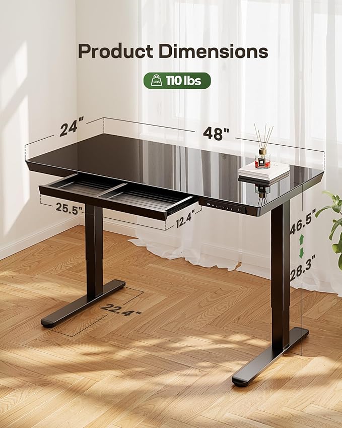 Marsail Glass Standing Desk with Drawer, 48 x 24 inch Electric Standing Desk, Height Adjustable Desk with One-Piece Tabletop & USB Charging Ports, Sit Stand Desk with Storage for Home & Office Black
