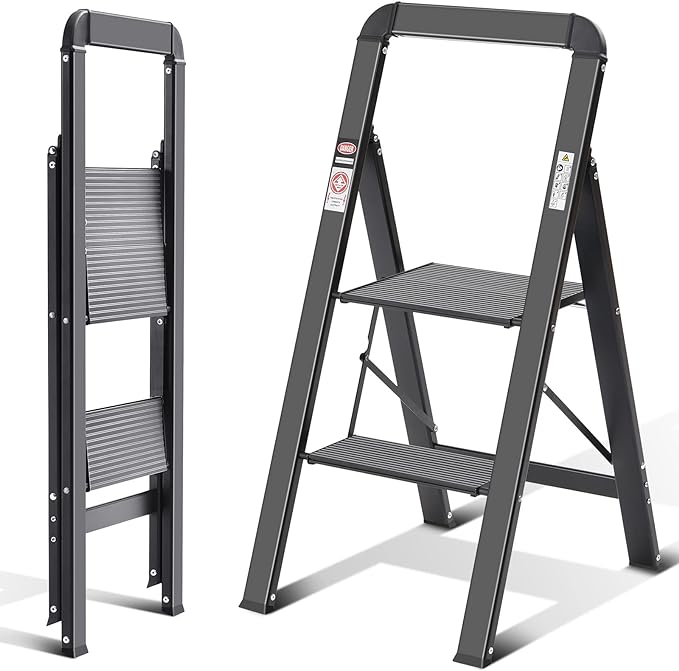KINGRACK Step Ladder, 2 Steps, Folding Step Ladder with Handrail, Non-Slip Household Ladder with Folding Safety, Aluminium Step Stool, Maximum Load 150 kg, Black