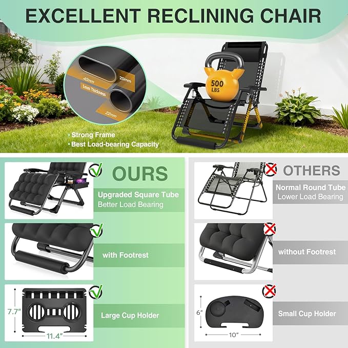 Suteck Oversized Zero Gravity Chair,33In XXL Lounge Chair w/Removable Cushion&Headrest, Reclining Camping Chair w/Upgraded Lock and Footrest, Reclining Patio Chairs Recliner for Indoor Outdoor,500LBS