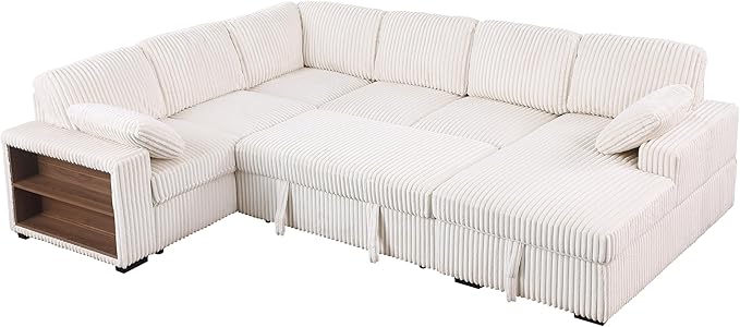 Eafurn Oversized Convertible U Shaped Sleeper Sectional Sofa Pull Out Couch Bed, 6 Seater Corduroy Upholstered Pullout Lounge Sofa Couch Sofabed w/Storage Chaise, Shelves for Living Room Apartment