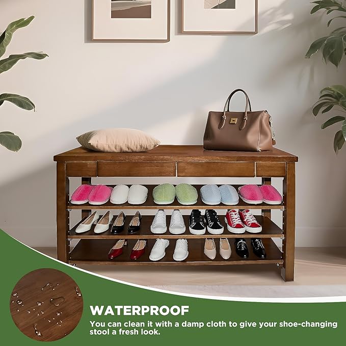 Wood Shoe Bench Entryway with Drawer: 3-Tiers Wooden Storage Shoe Rack with Bench Seat, Compact Mid-Century Modern Design for Entryway, Hallway,Closet,Front Door Entrance,Foyer Walnut 43.3"
