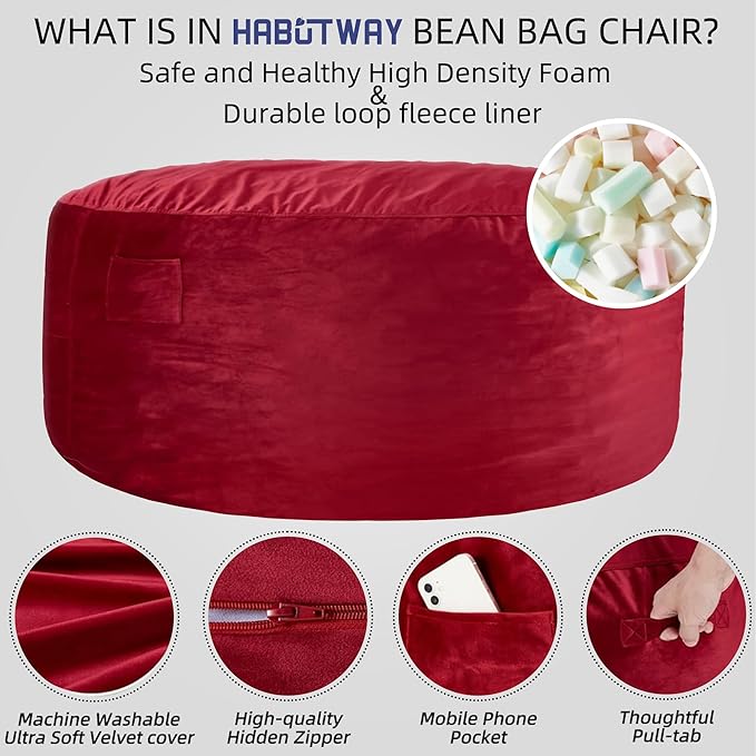 HABUTWAY Bean Bag Chair: Giant 5' Memory Foam Furniture Bean Bag Chair with Microfiber Cover - 5Ft,Red