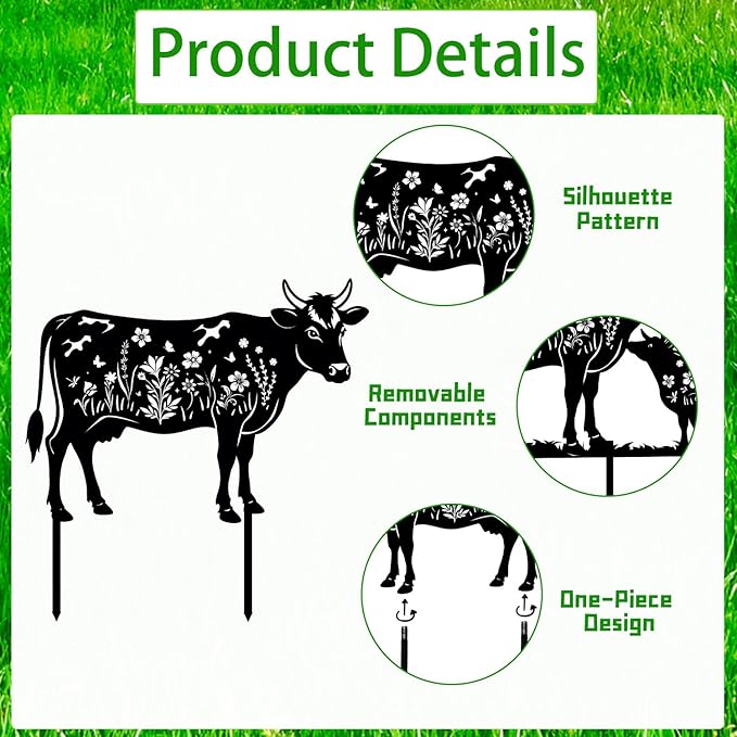 Cow Metal Garden Stakes Yard Decor, 2PCS Black Cow Silhouette Statues Garden Decorative for Women Men Gifts, Cow Gifts for Yard Art, Patio, Outside, Lawn Ornaments, Christmas