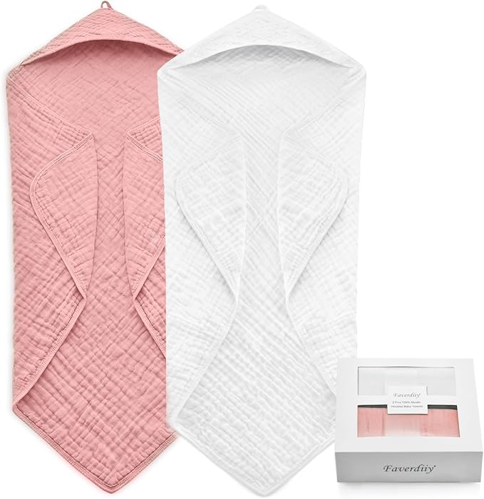 35x35 Inch 2 Pack 100% Muslin Cotton Baby Bath Towel, Hooded Baby Towels for Newborn, Soft Baby Beach Towels with Hood for Infants, Toddlers and Kids, Essentials Must Haves Dusty Pink+ White