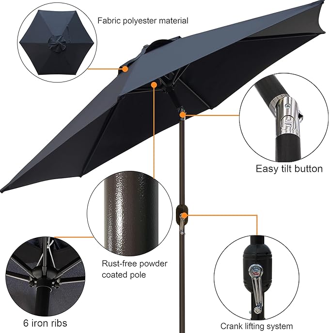 Blissun 7.5 ft Patio Umbrella, Yard Umbrella, Outdoor Market Umbrella with Push Button Tilt Crank (Black)