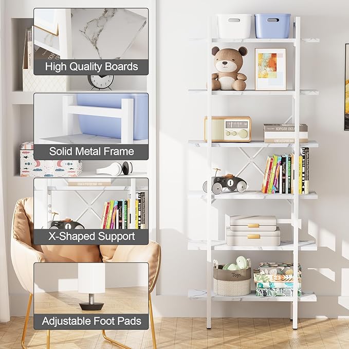 Bookshelf 6 Tiers White Wooden Storage Shelf,Modern Open Display Storage Bookcase Book Organizer,Metal Bookshelf Standing Storage Shelf Tall Shelving Units for Home Office Study