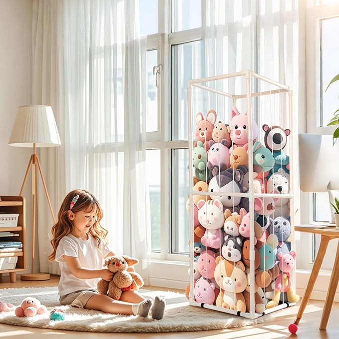 Stuffed Animal Zoo Storage - Tall PVC Material Toy Organizer with Elastic Cords & Shelf, Space-Saving Plushie Playhouse for Nursery, Playroom, Kids Bedroom - Easy Assembly