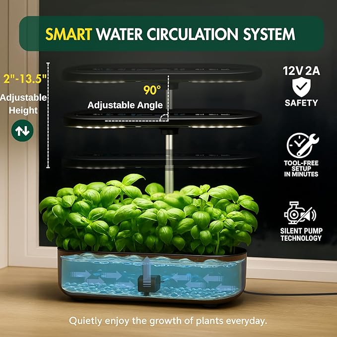 Hydroponics Growing System Kit, Indoor Herb Garden, 14 Pods Upgraded LCD Display, LED Grow Light Quiet Smart Water Pump Automatic Timer, Hydroponic Planter for Home Kitchen Office