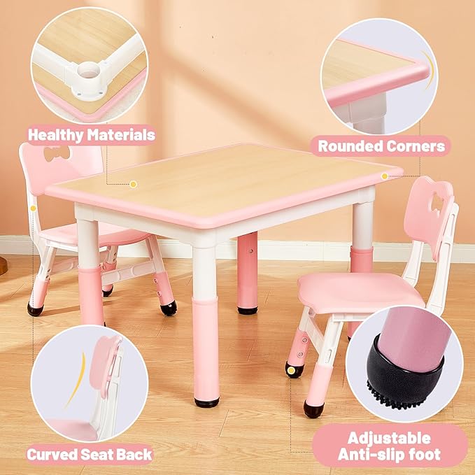 FUNLIO Kids Table and 2 Chairs Set for Ages 3-8, Height Adjustable Toddler Table and Chair Set, Easy to Wipe Arts & Crafts Table, for Classrooms/Daycares/Homes, CPC & CE Approved (3pcs Set) - Pink