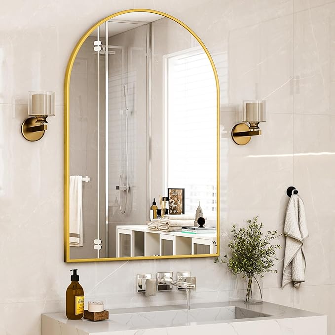 HARRITPURE Arched Wall Mirror – 30"x40" Arch Bathroom Mirror Metal Frame Vanity Mirror for Bedroom, Entryway Dresser Decor, Gold