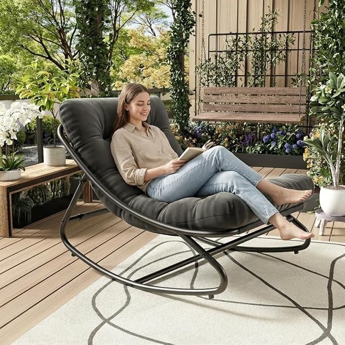 IDEALHOUSE Outdoor Rocking Chair with Metal Frame, Adjustable Papasan Rocker, Waterproof Comfy Cushion, 450lbs Capacity, for Patio, Porch, Garden, Living Room, Dark Grey