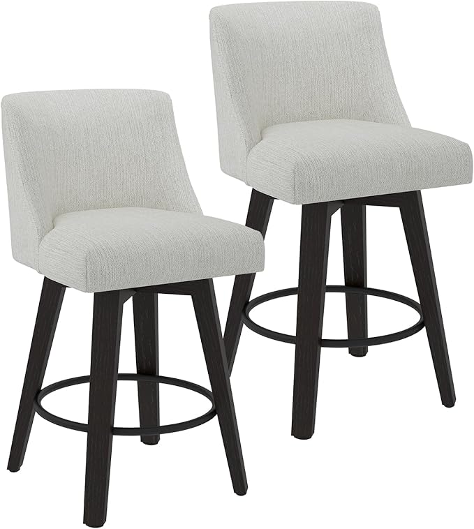 Counter Height Swivel Bar Stools Set of 2, 26 Inch Bar Stools with Footrest, Linen Fabric Upholstered Barstools with Back and Solid Wood Legs for Kitchen Island, Dining Room,Pub,White