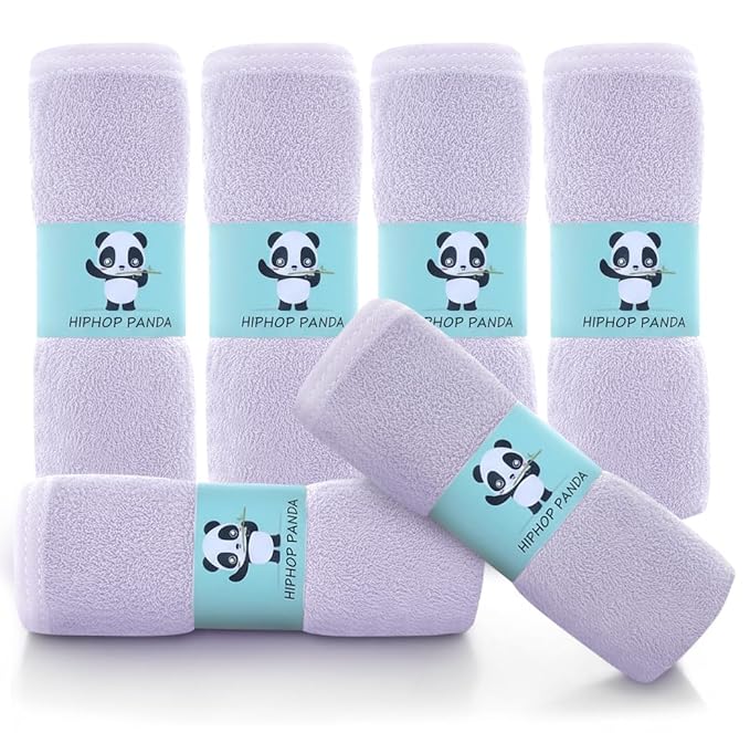 HIPHOP PANDA Baby Washcloths, Rayon Made from Bamboo - 2 Layer Ultra Soft Absorbent Newborn Bath Face Towel - Reusable Baby Wipes for Delicate Skin - Purple, 6 Pack