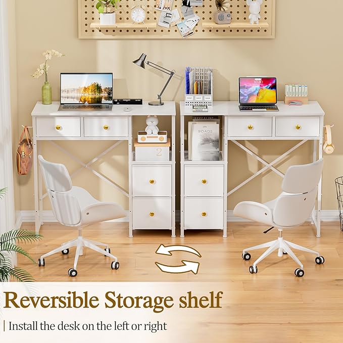 Small Computer Desk with 4 Fabric Drawers, Simple Writing Desk for Home Office, Compact Study Desks for Small Spaces, Kids Desk Study for Bedroom, White