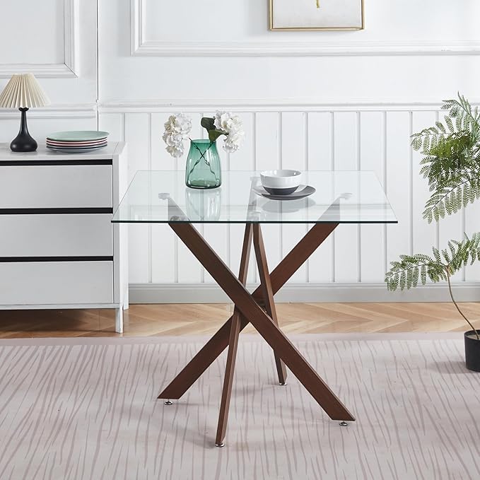 36" Square Dining Table for 4, Modern Glass Kitchen Table for 4 with Walnut X Metal Legs, Contemporary Small Glass Dining Room Leisure Tables for Kitchen Apartment