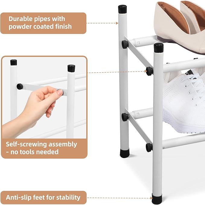 STORAGE MANIAC Expandable Shoe Rack, 8 Pairs Stackable Small Shoe Rack, Metal Adjustable Shoes Organizer for Closet, Entryway, Hallway, Garage, Front Door, Shoes Shelves, White 2 Tier