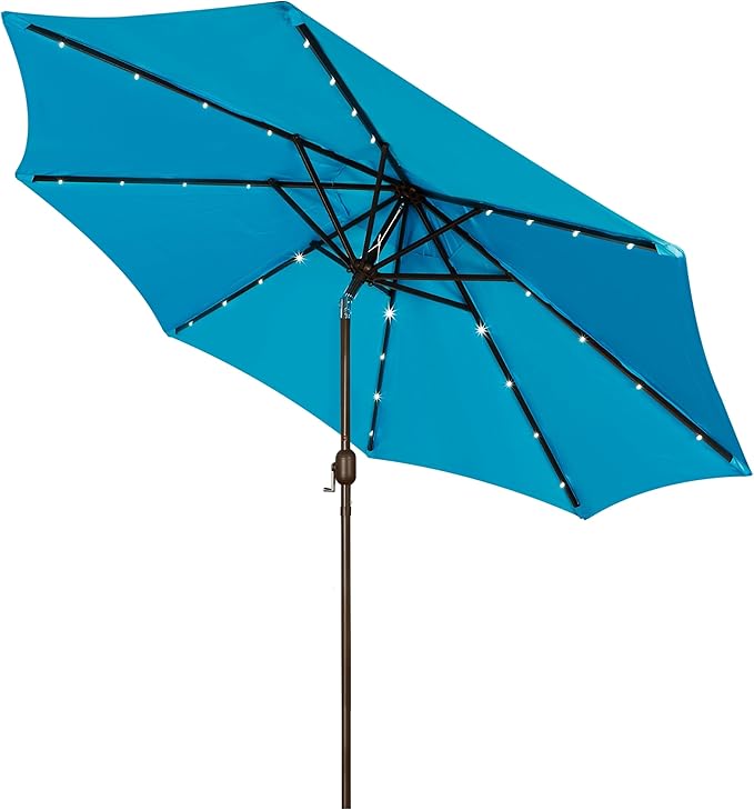 Blissun 9 ft Solar Umbrella, 32 LED Lighted Patio Umbrella, Table Market Umbrella, Outdoor Umbrella for Garden, Deck, Backyard, Pool and Beach (Light Blue)